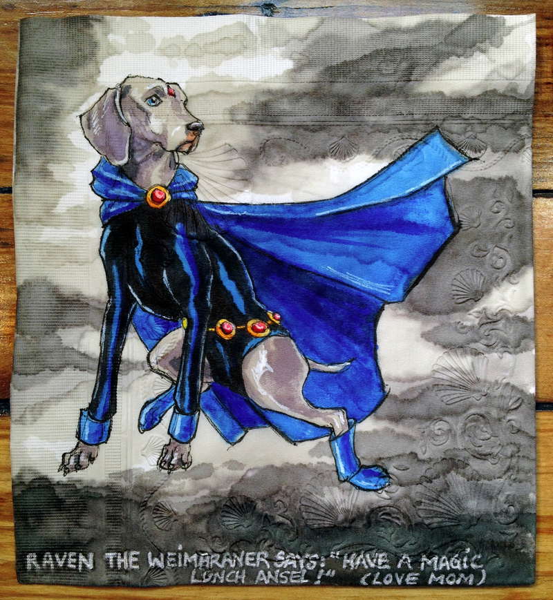 Illustration for article titled Artist draws superpowered canines on her sons' lunch napkins